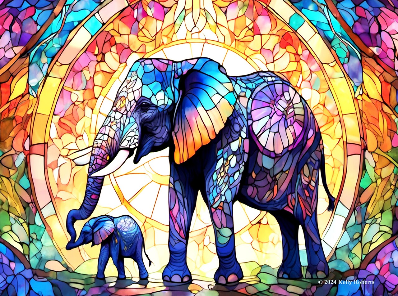 Sunsout Stained Glass Zoo Elephants 1000 pc Jigsaw Puzzle 73306